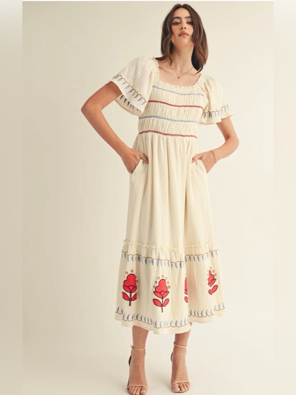 A621. Cream Embroidered Midi Dress with Red Floral Detail